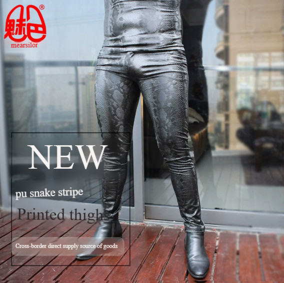 Charming and sexy snake patterned tight leather pants for social young men, fashionable and high ela